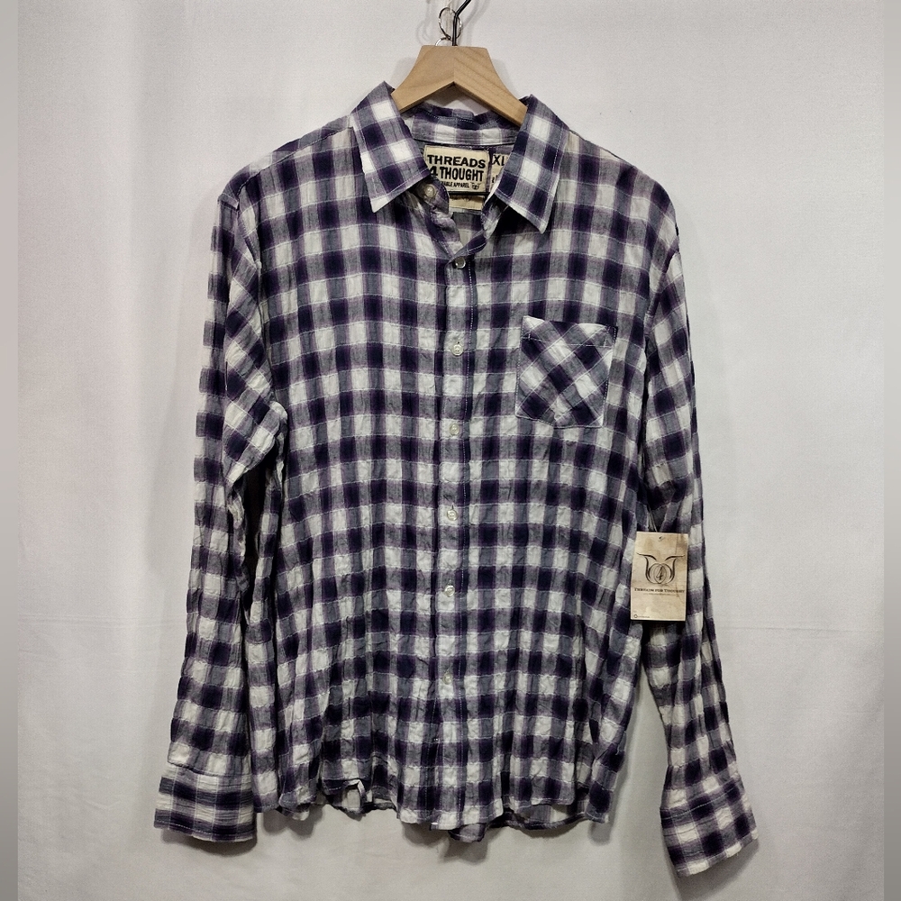 Threads for Thought Organic Cotton Plaid Button Shirt Mens XL Purple White Retro